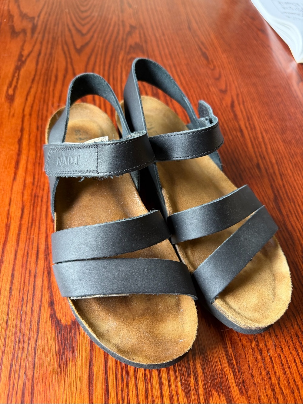 NAOT Black Strappy Leather Sandals with Brown Suede Footbed